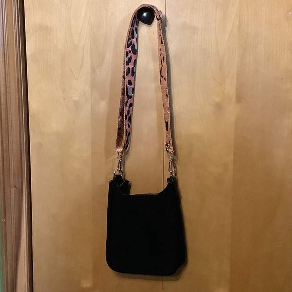 Ahdorned Handbags - Ah-dorned black suede crossbody with leopard guitar strap